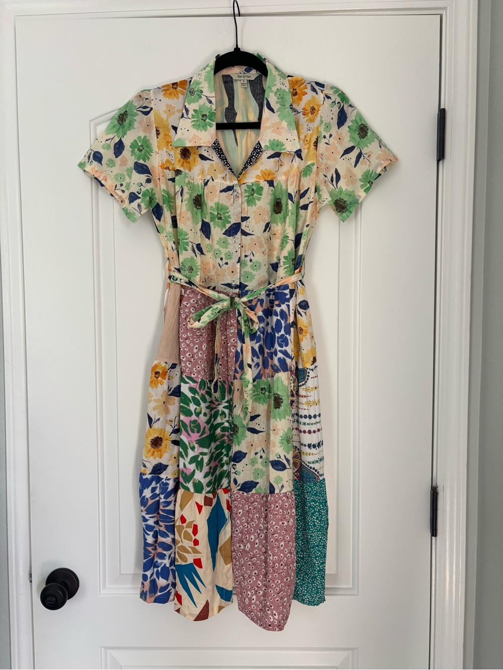 NWOT Yak & Yeti Patchwork Button Short-Sleeve Dress with Tie Waist